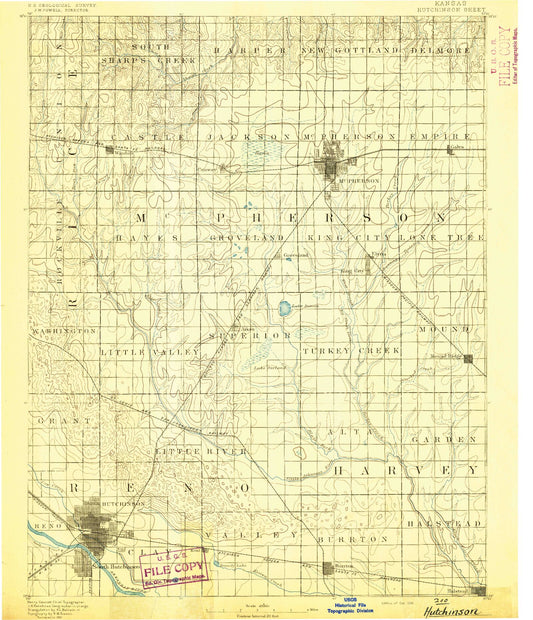 Historic 1891 Hutchinson Kansas 30'x30' Topo Map Image