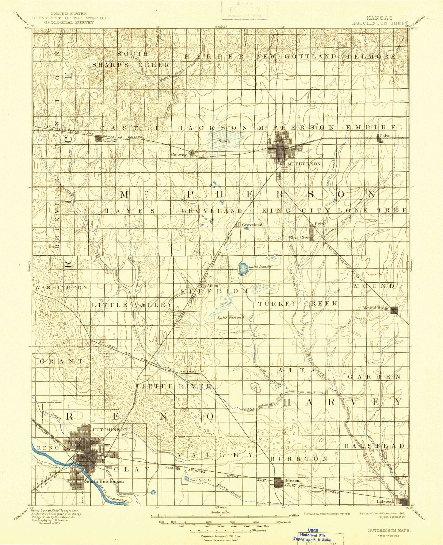 Historic 1893 Hutchinson Kansas 30'x30' Topo Map Image