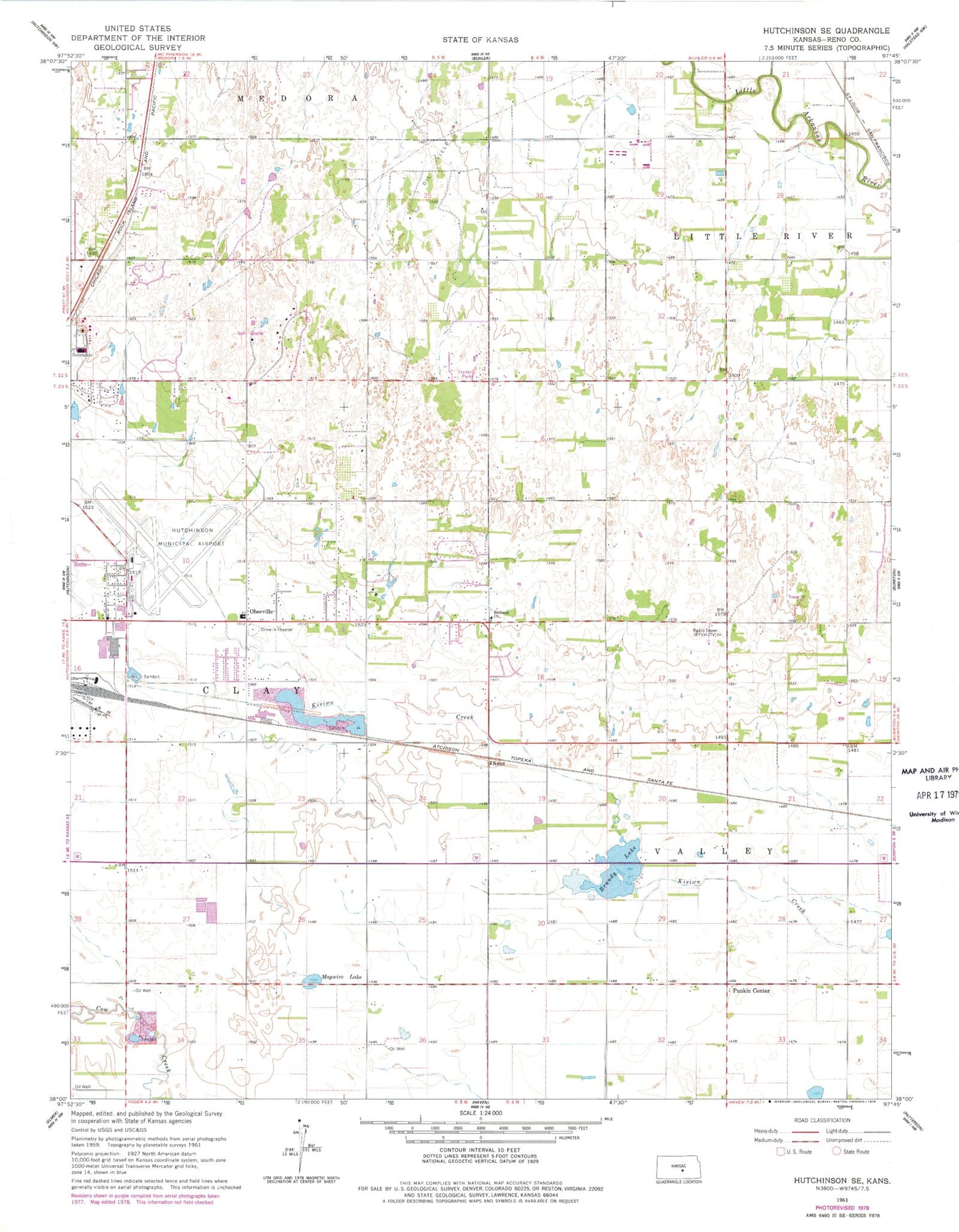 Classic USGS Hutchinson SE Kansas 7.5'x7.5' Topo Map Image
