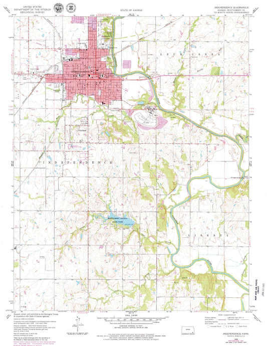 Classic USGS Independence Kansas 7.5'x7.5' Topo Map Image