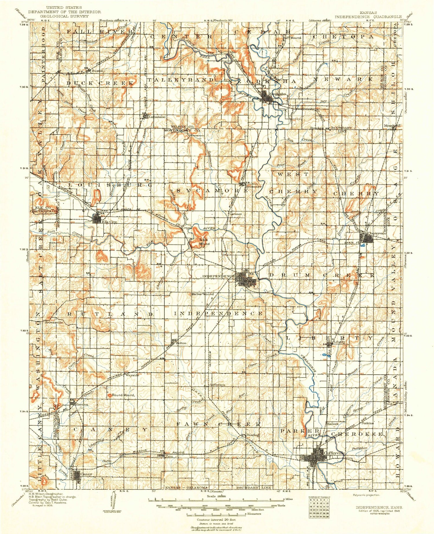 Historic 1905 Independence Kansas 30'x30' Topo Map Image