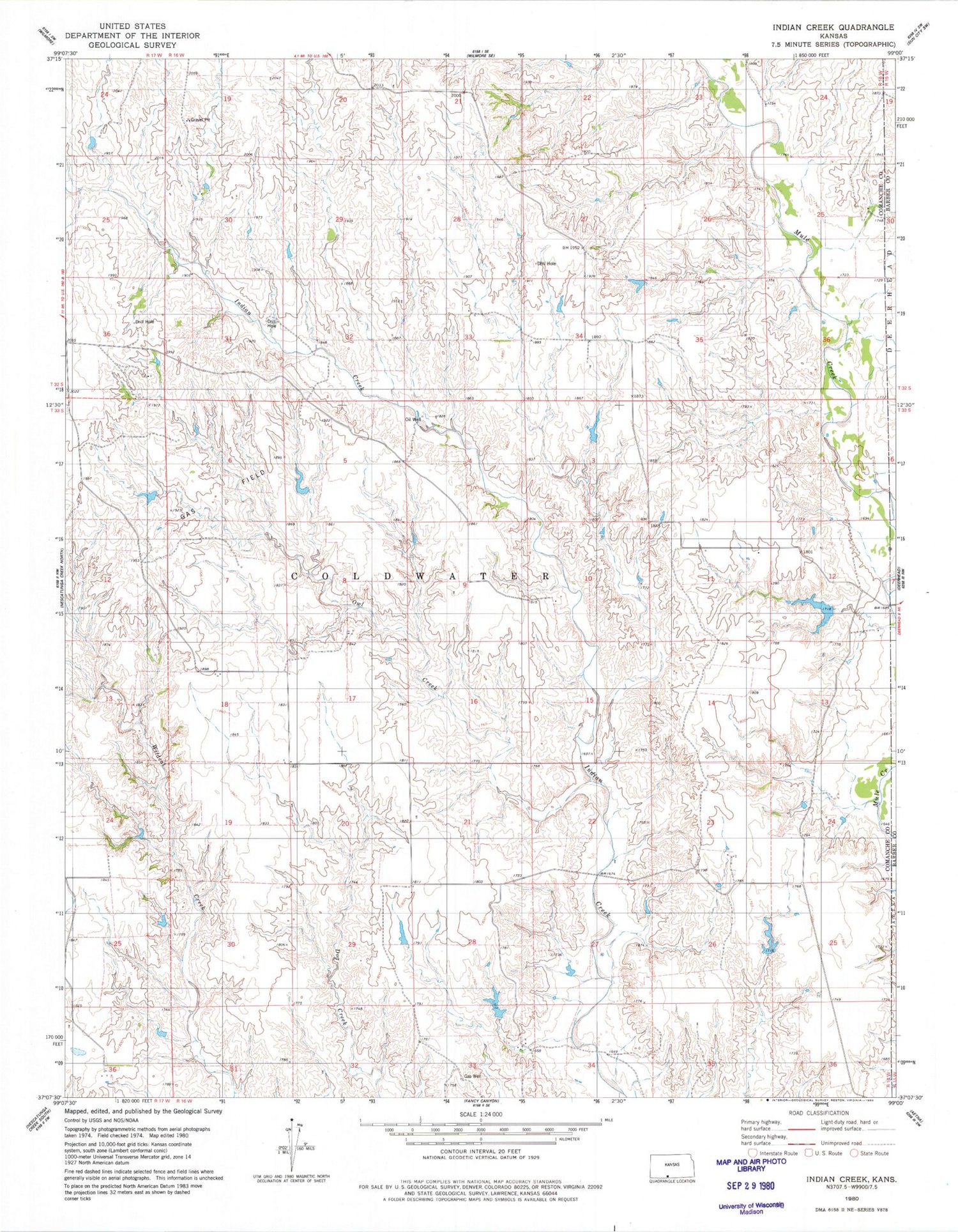 Classic USGS Indian Creek Kansas 7.5'x7.5' Topo Map Image