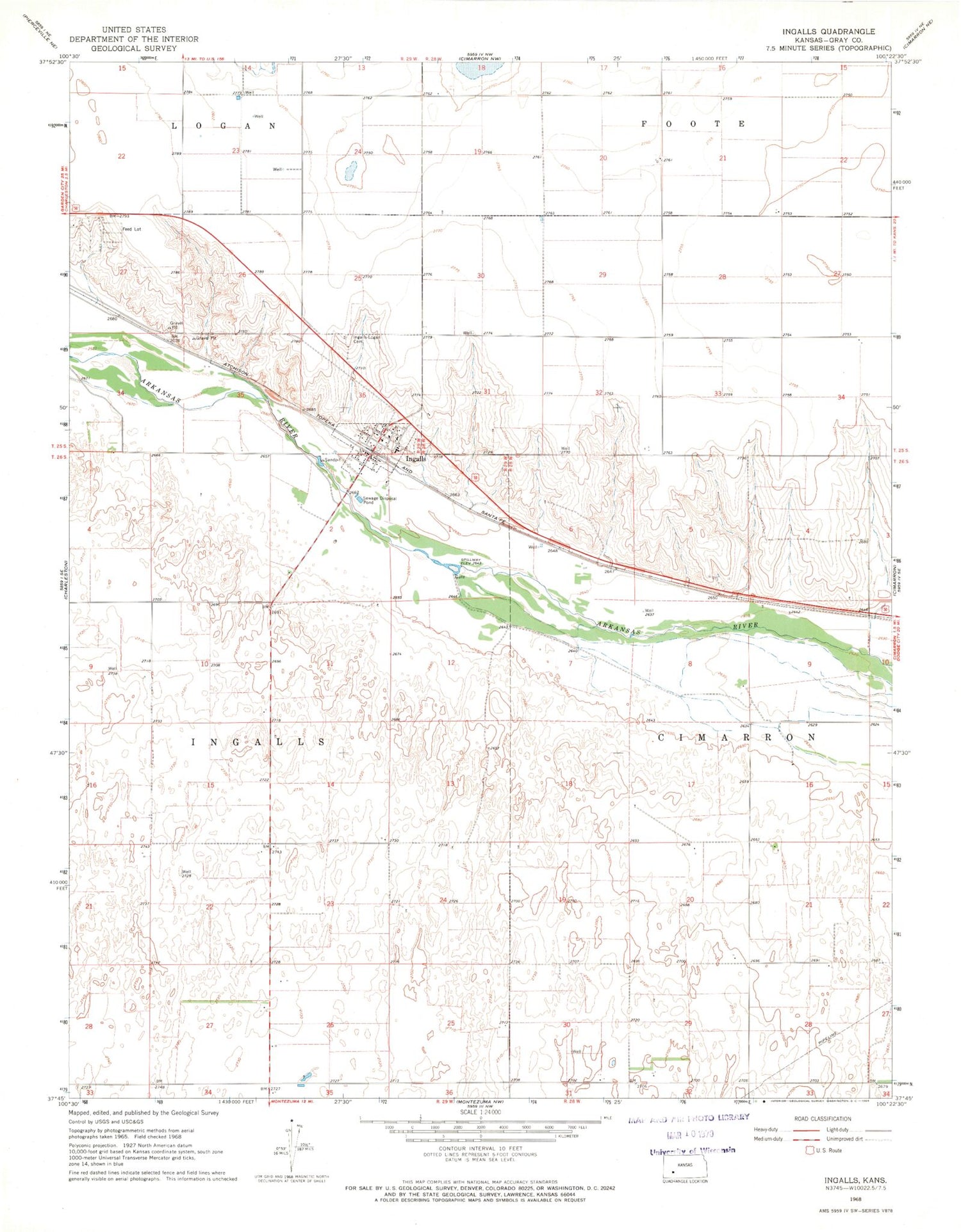 Classic USGS Ingalls Kansas 7.5'x7.5' Topo Map Image