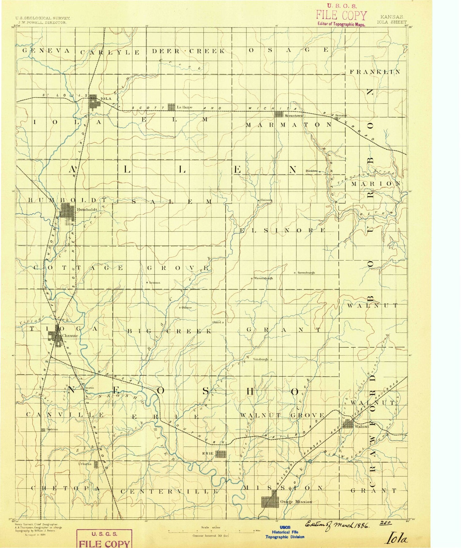 Historic 1886 Iola Kansas 30'x30' Topo Map Image