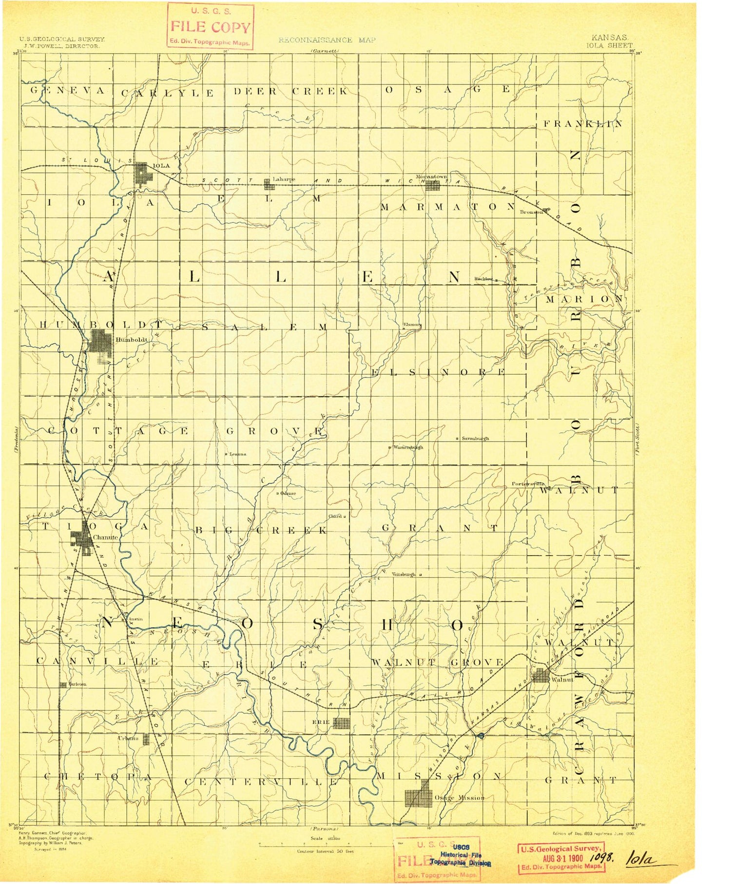 Historic 1893 Iola Kansas 30'x30' Topo Map Image