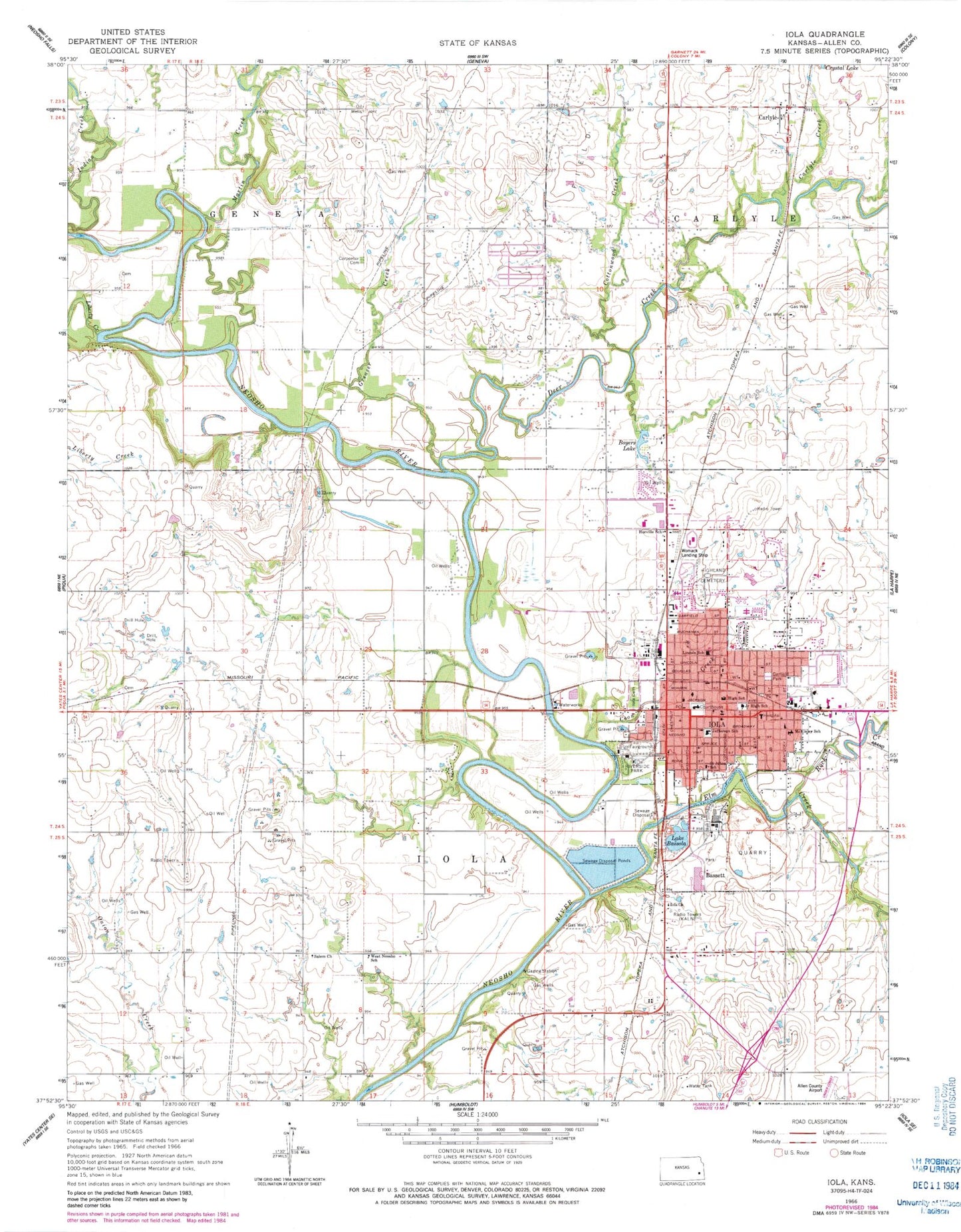 Classic USGS Iola Kansas 7.5'x7.5' Topo Map Image