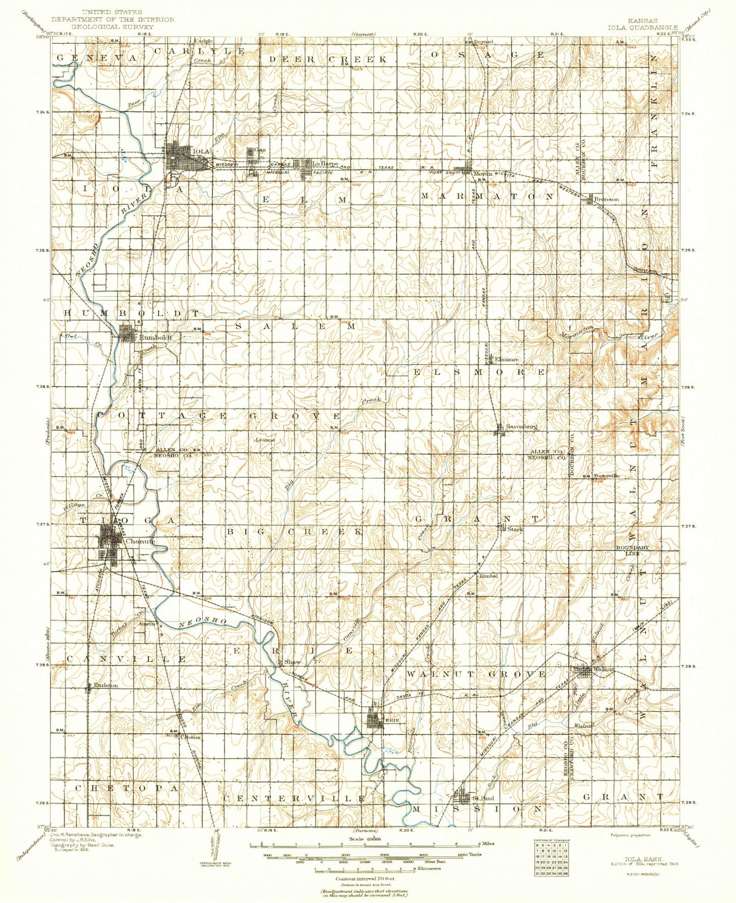 Historic 1904 Iola Kansas 30'x30' Topo Map Image