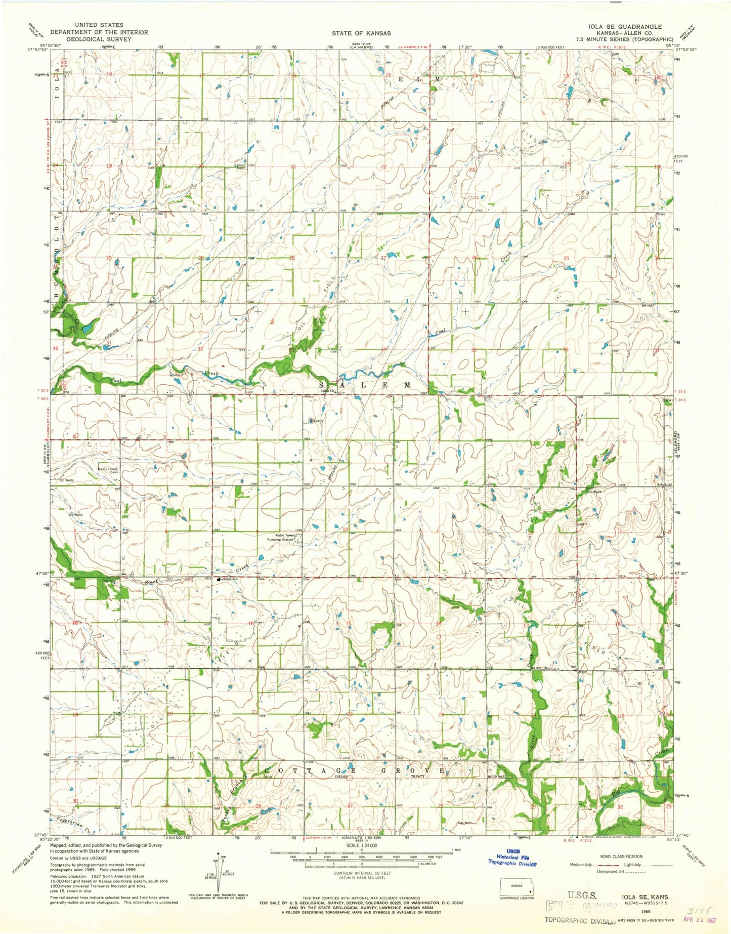 Classic USGS Iola SE Kansas 7.5'x7.5' Topo Map Image