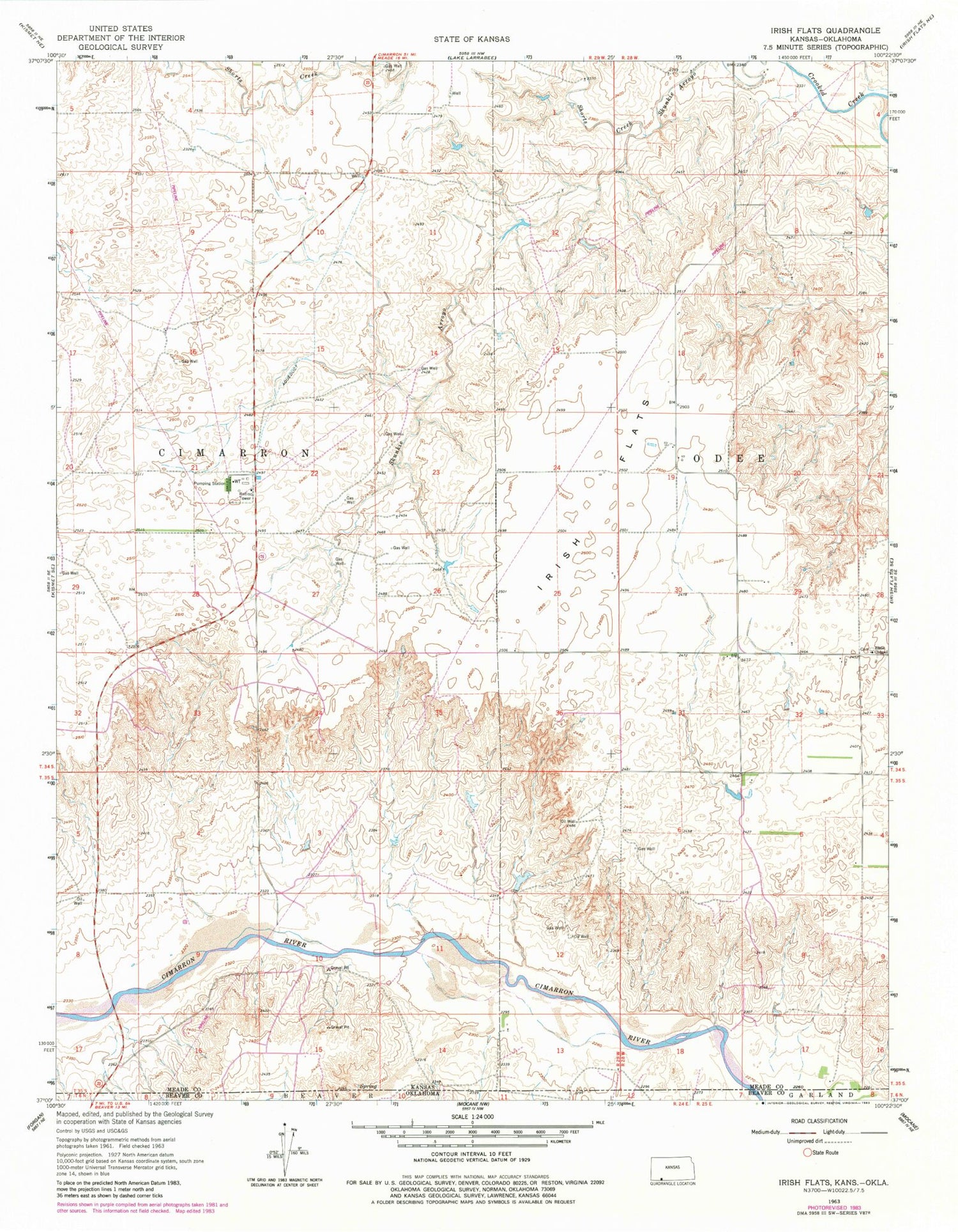 Classic USGS Irish Flats Kansas 7.5'x7.5' Topo Map Image