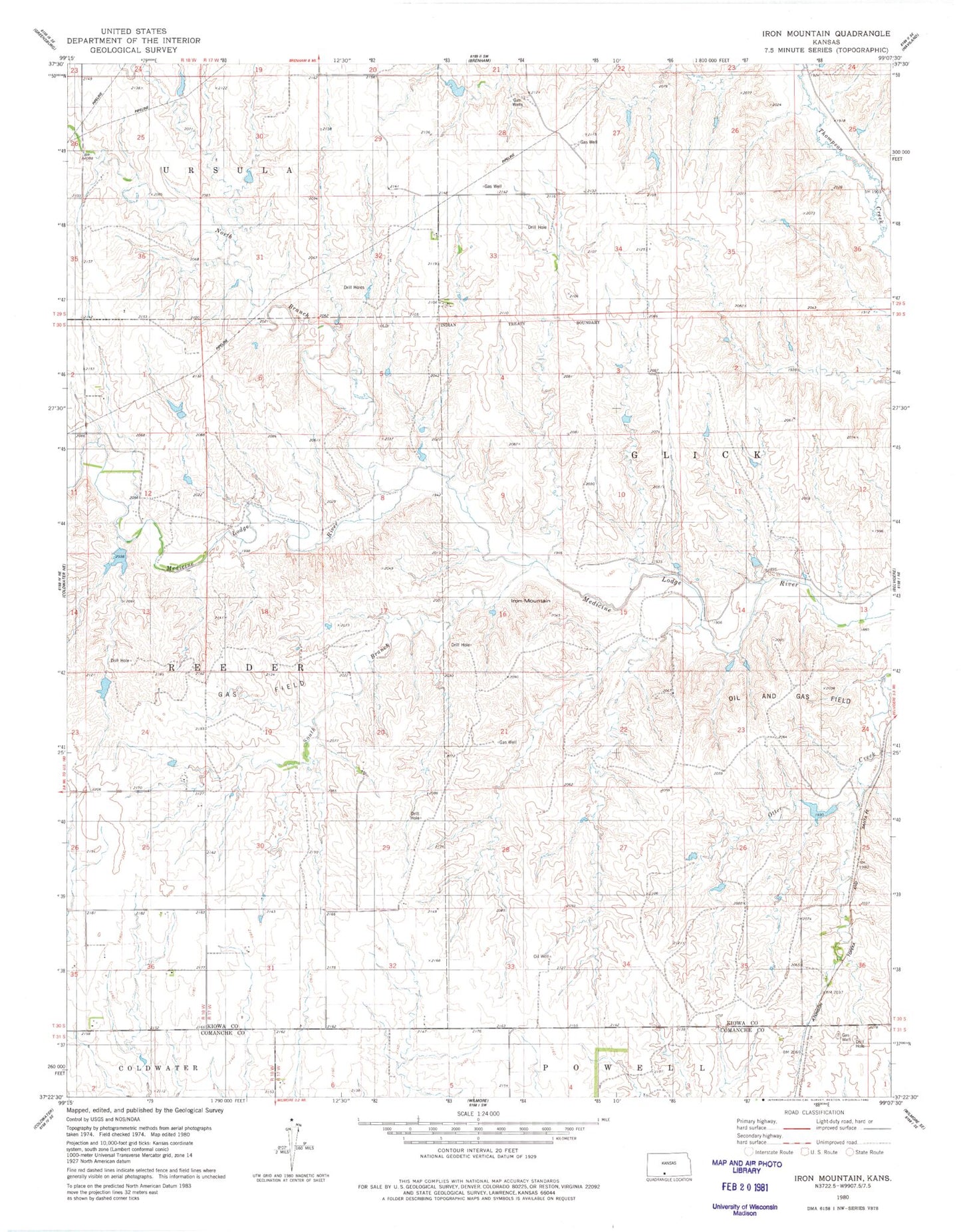 Classic USGS Iron Mountain Kansas 7.5'x7.5' Topo Map Image