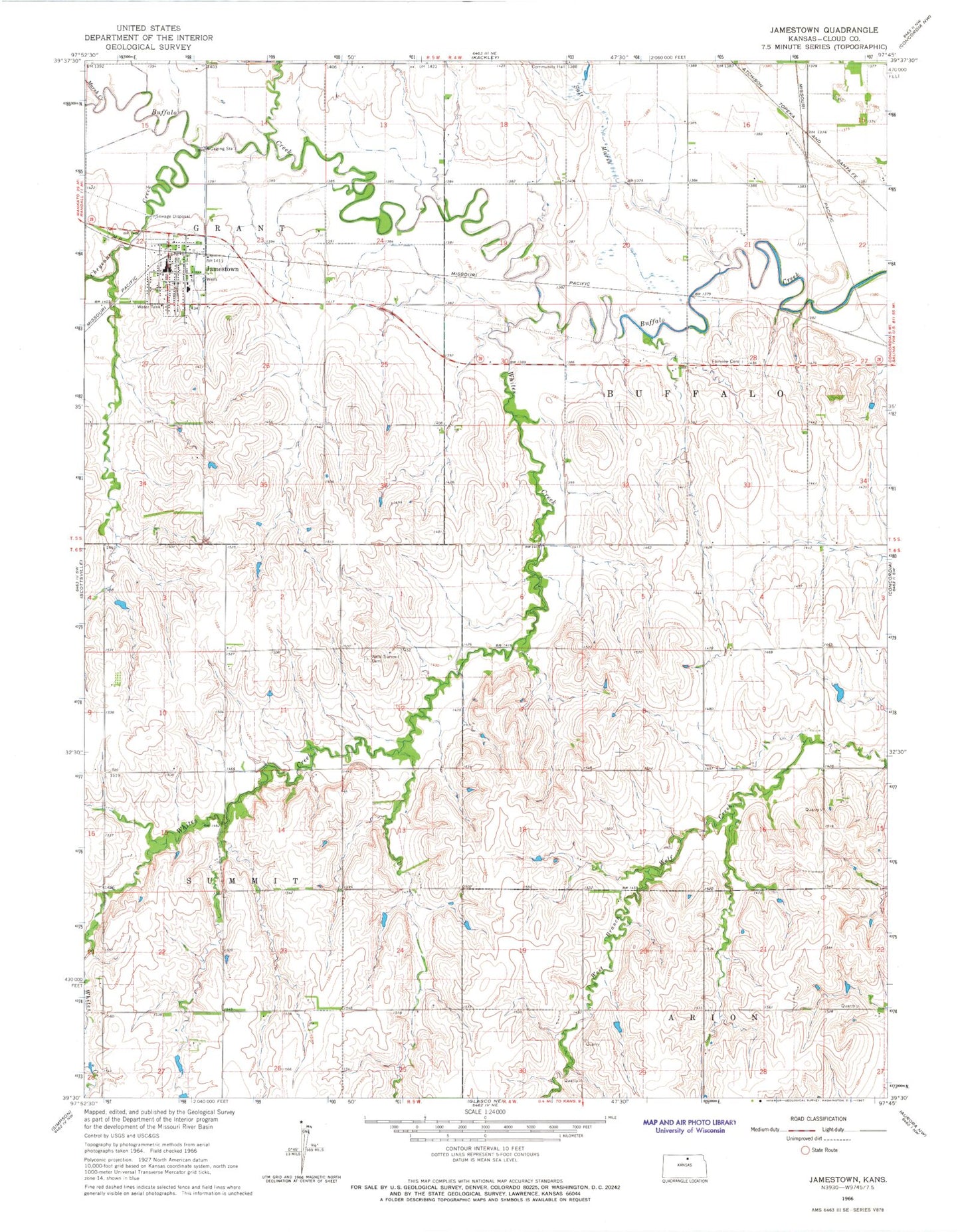 Classic USGS Jamestown Kansas 7.5'x7.5' Topo Map Image