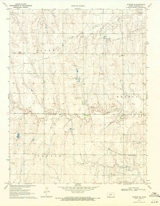 Classic USGS Jetmore NE Kansas 7.5'x7.5' Topo Map Image