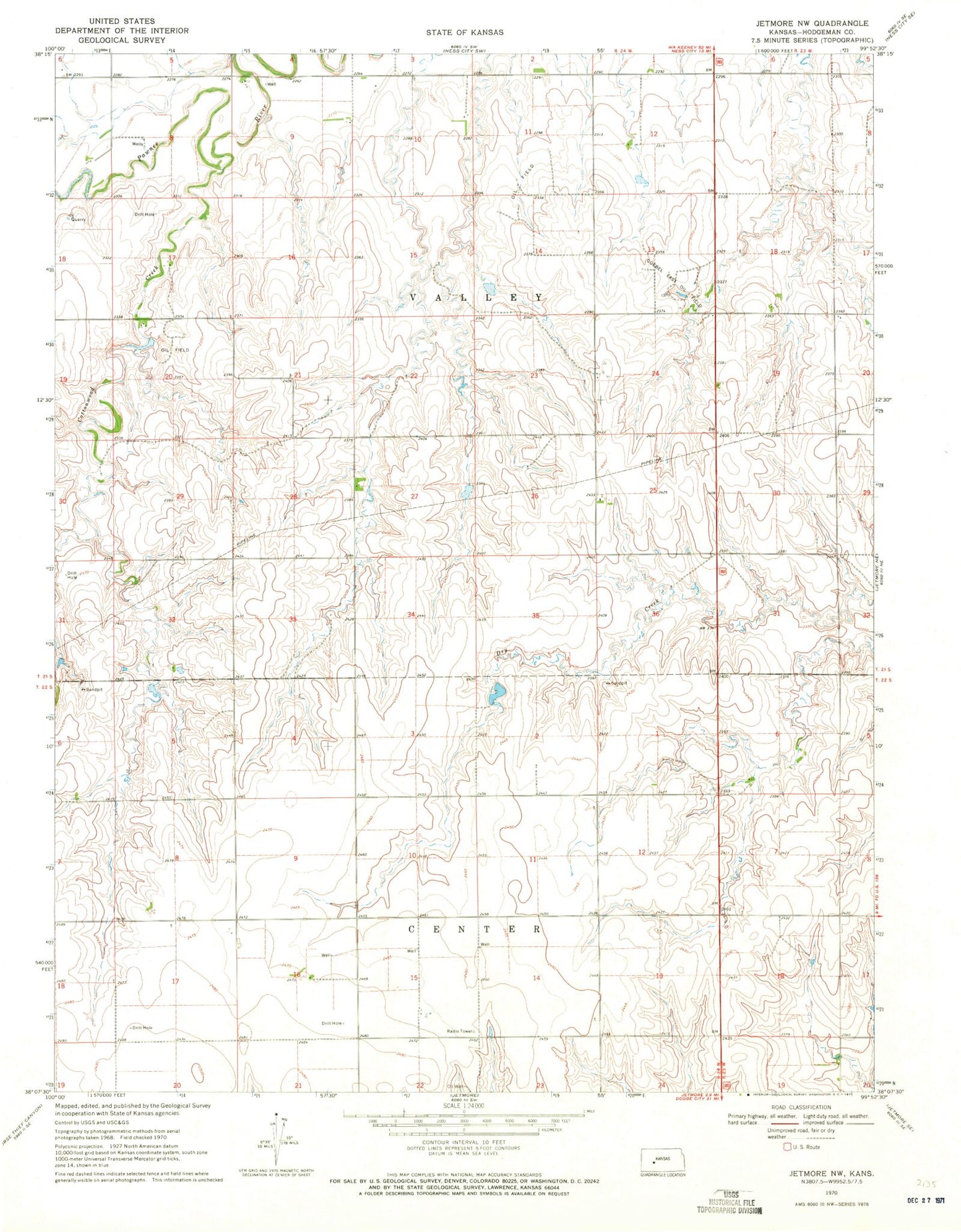 Classic USGS Jetmore NW Kansas 7.5'x7.5' Topo Map Image