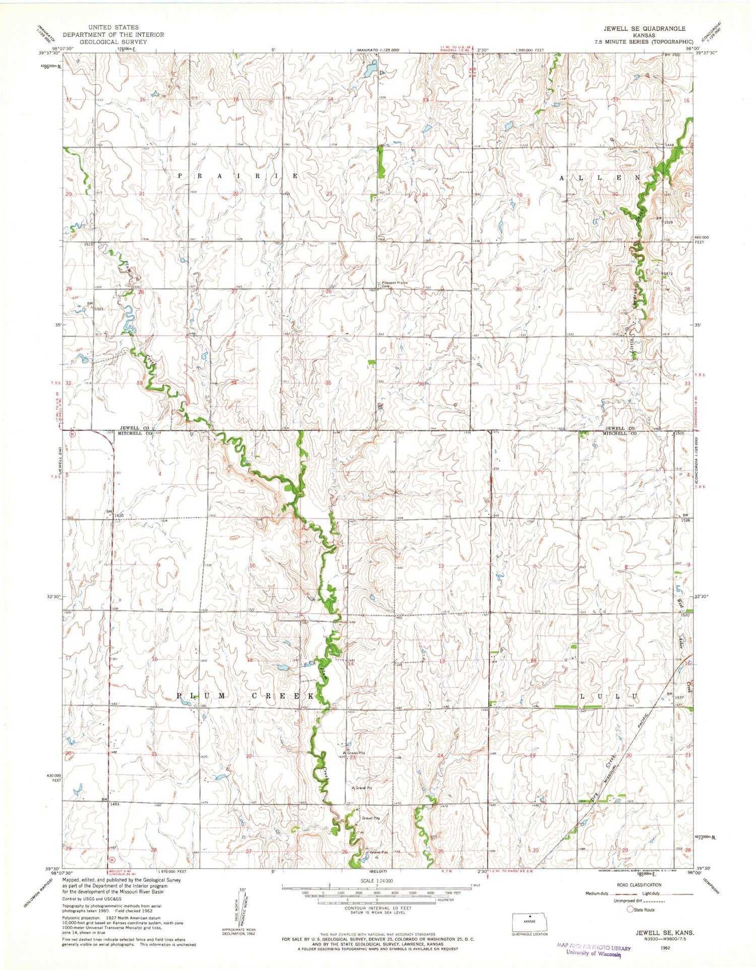 Classic USGS Jewell SE Kansas 7.5'x7.5' Topo Map Image