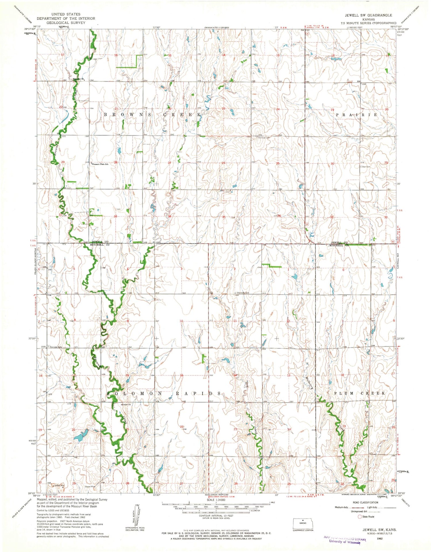 Classic USGS Jewell SW Kansas 7.5'x7.5' Topo Map Image