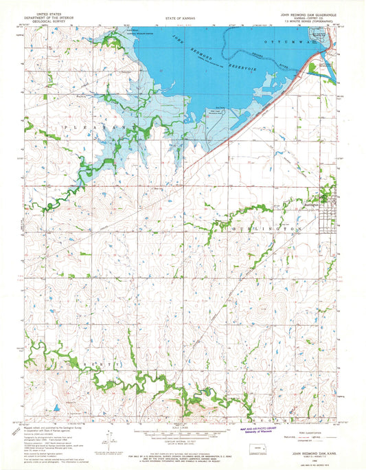 Classic USGS John Redmond Dam Kansas 7.5'x7.5' Topo Map Image