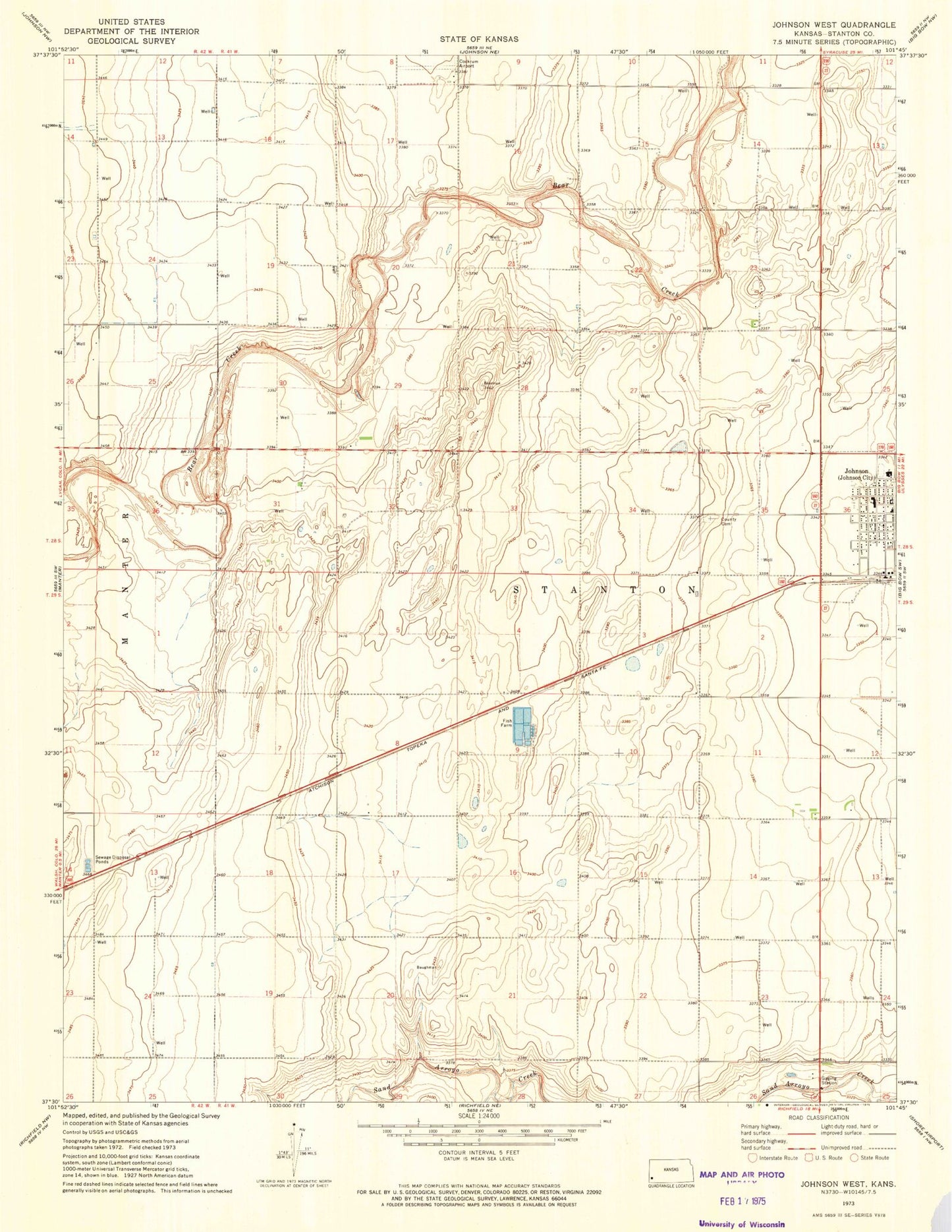 Classic USGS Johnson West Kansas 7.5'x7.5' Topo Map Image
