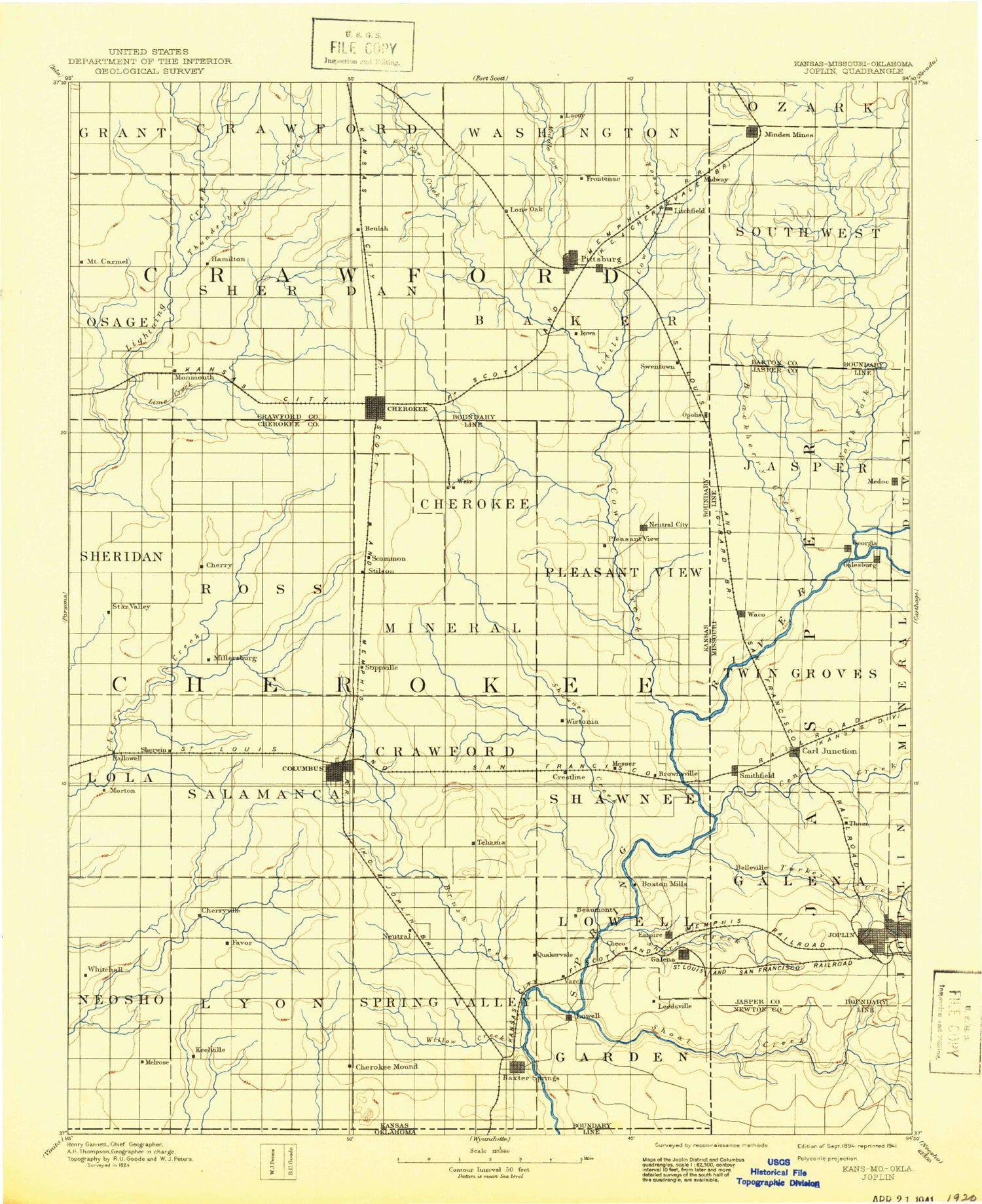 Historic 1894 Joplin Missouri 30'x30' Topo Map Image