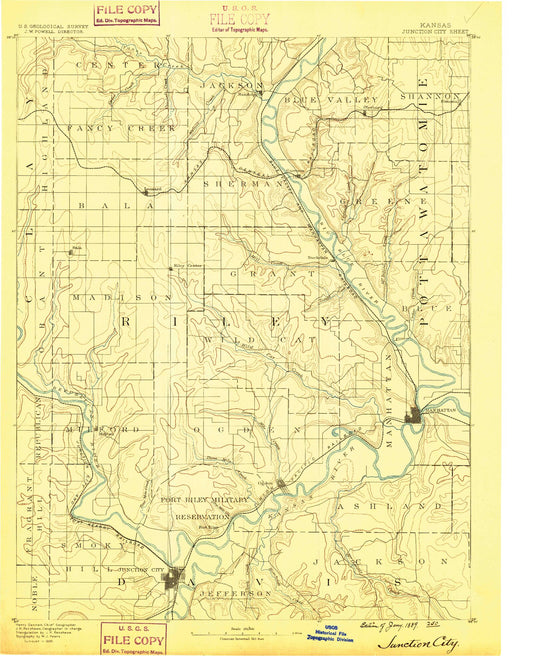 Historic 1889 Junction City Kansas 30'x30' Topo Map Image