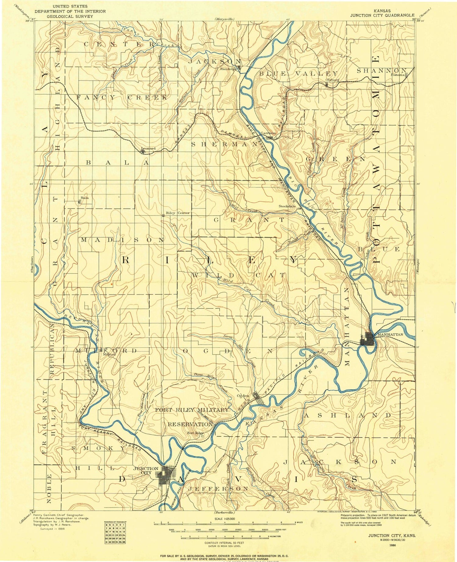 Historic 1886 Junction City Kansas 30'x30' Topo Map Image