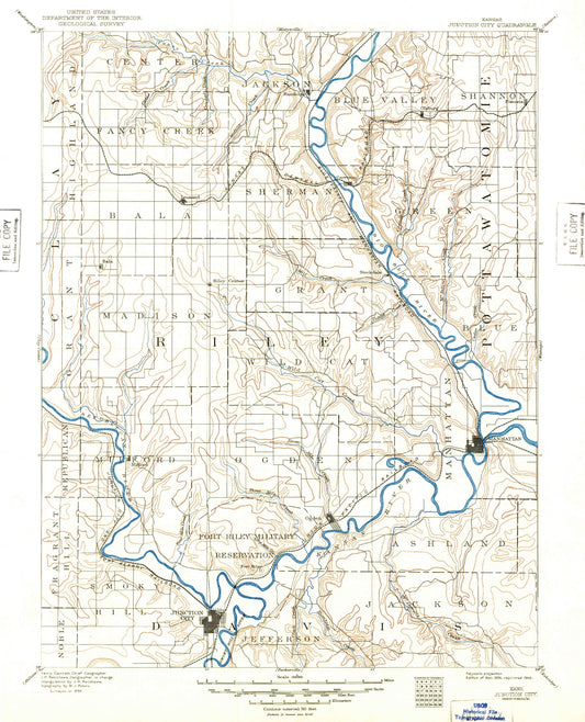 Historic 1894 Junction City Kansas 30'x30' Topo Map Image