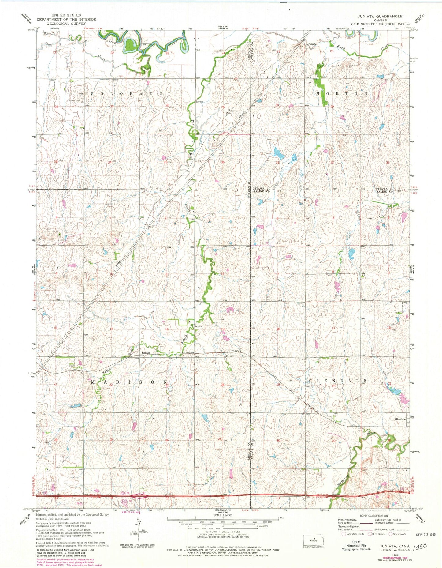 Classic USGS Juniata Kansas 7.5'x7.5' Topo Map Image