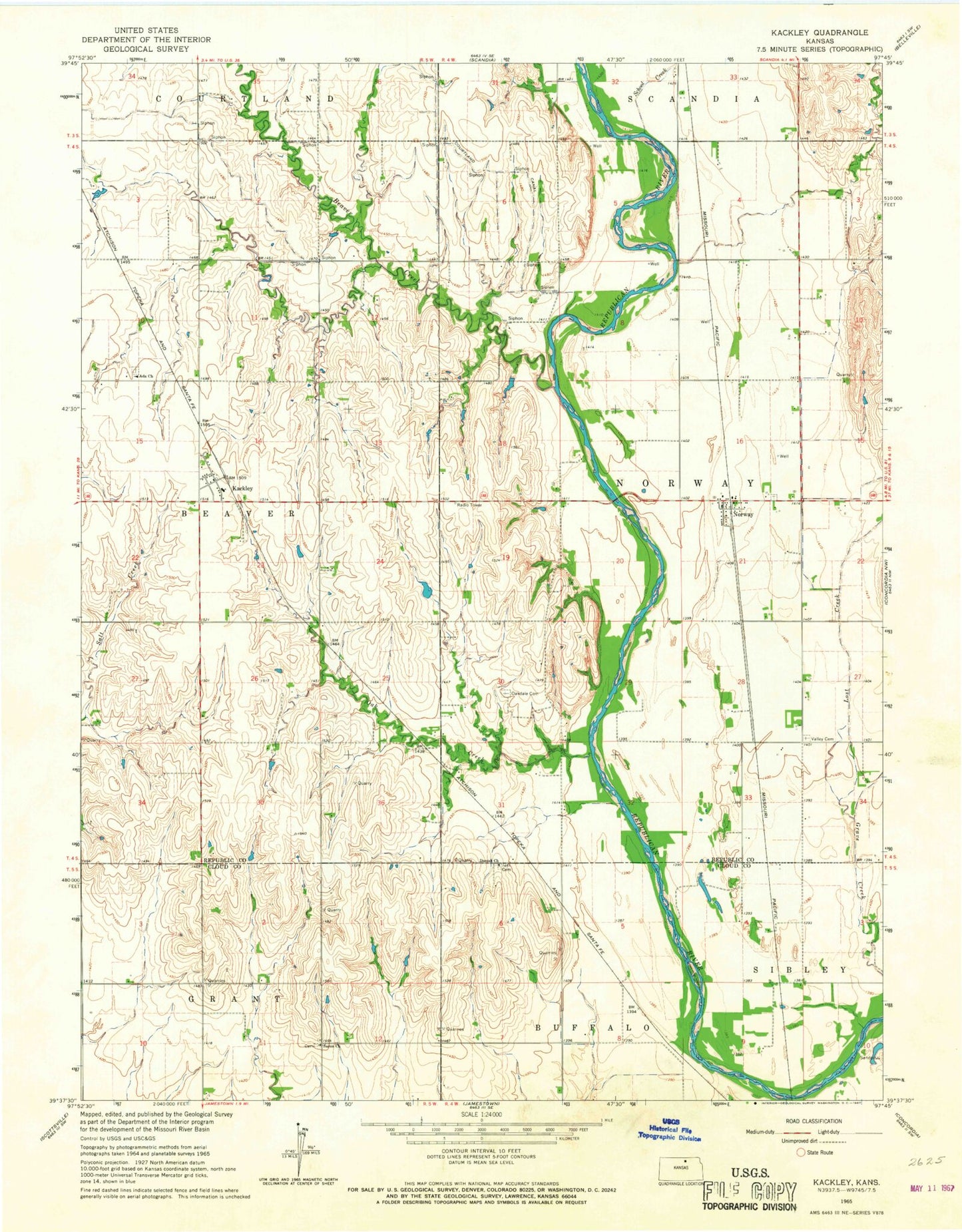 Classic USGS Kackley Kansas 7.5'x7.5' Topo Map Image