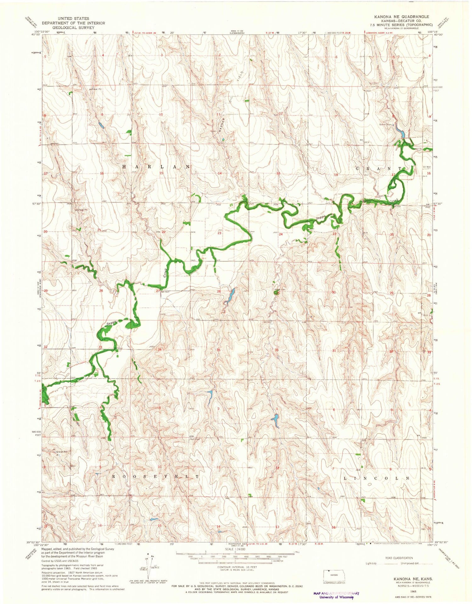 Classic USGS Kanona NE Kansas 7.5'x7.5' Topo Map Image