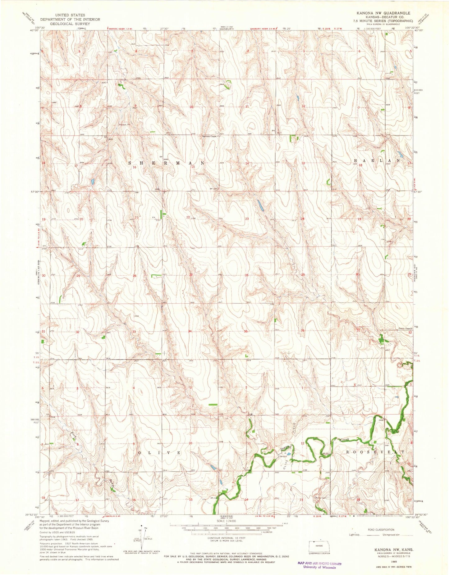 Classic USGS Kanona NW Kansas 7.5'x7.5' Topo Map Image