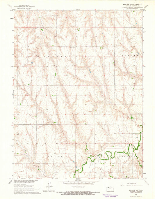 Classic USGS Kanona NW Kansas 7.5'x7.5' Topo Map Image