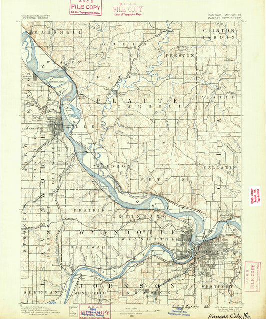 Historic 1890 Kansas City Missouri 30'x30' Topo Map Image