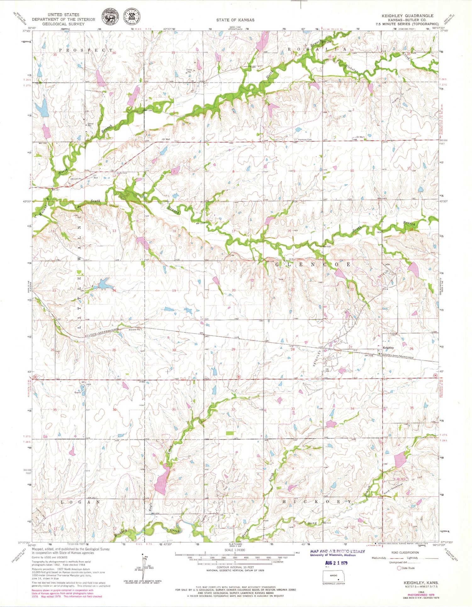 Classic USGS Keighley Kansas 7.5'x7.5' Topo Map Image