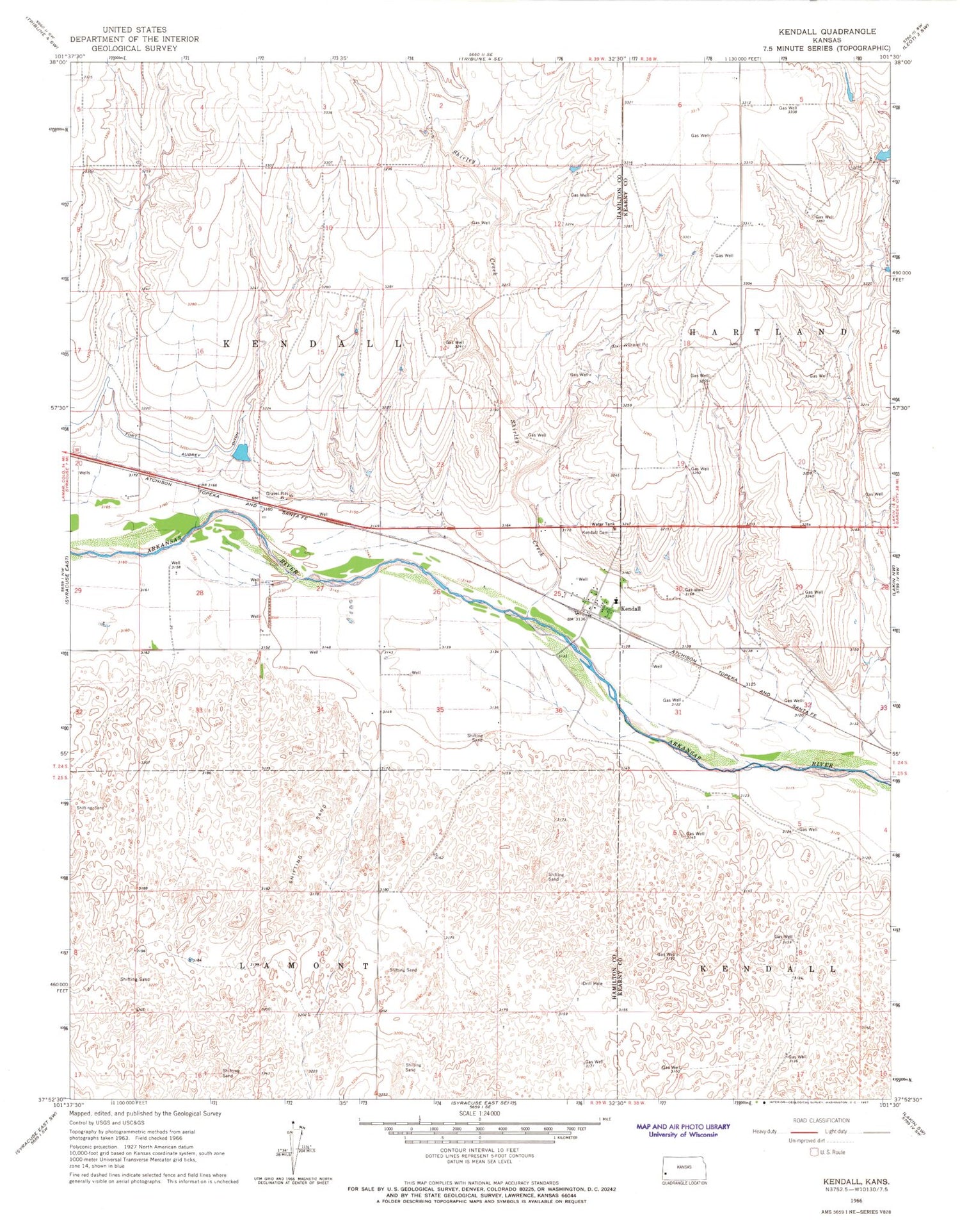 Classic USGS Kendall Kansas 7.5'x7.5' Topo Map Image