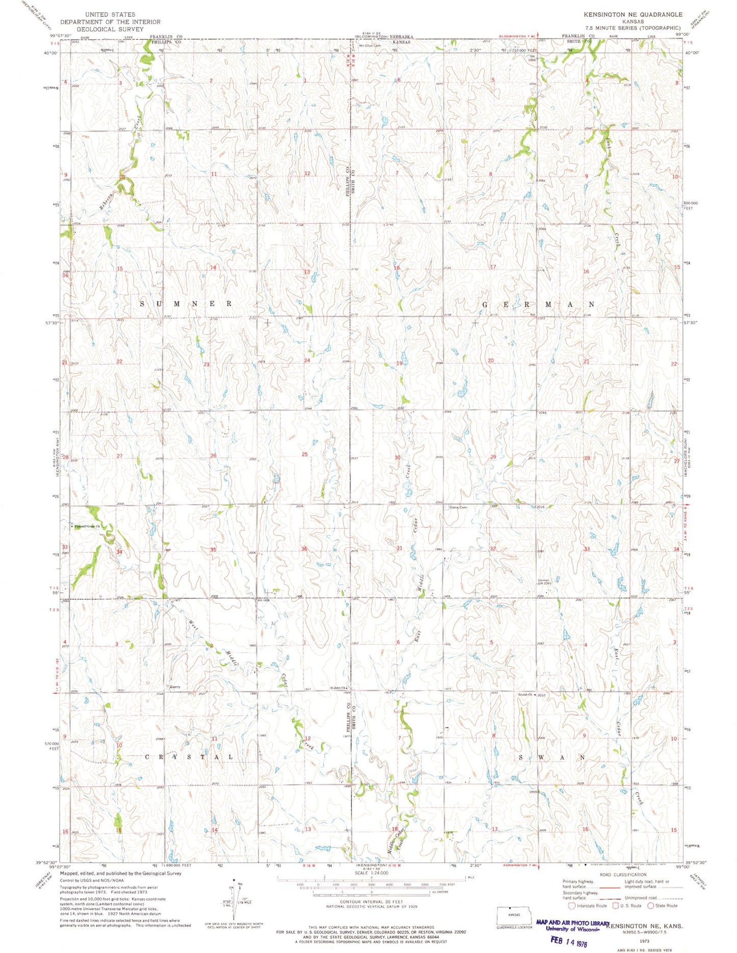 Classic USGS Kensington NE Kansas 7.5'x7.5' Topo Map Image
