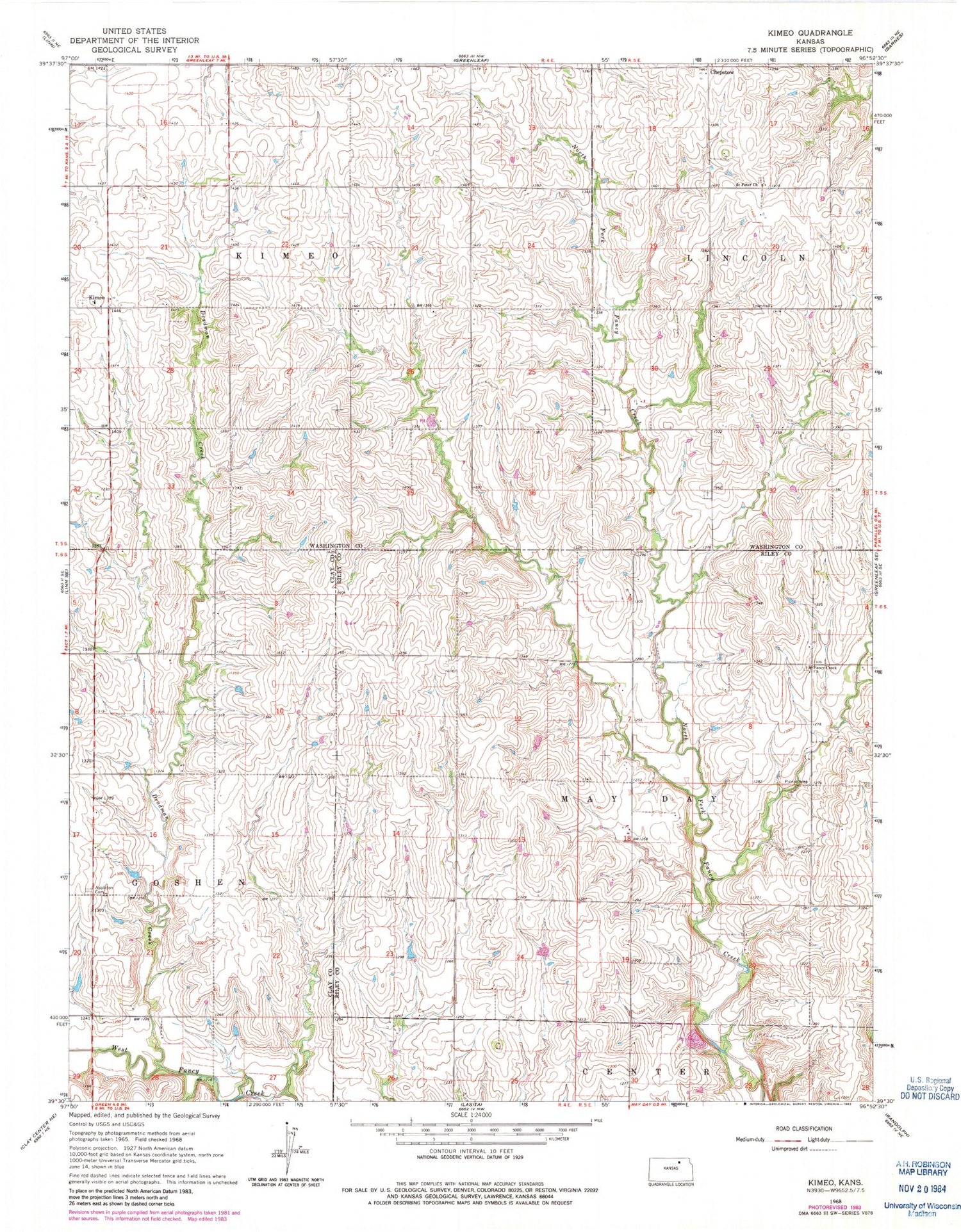 Classic USGS Kimeo Kansas 7.5'x7.5' Topo Map Image