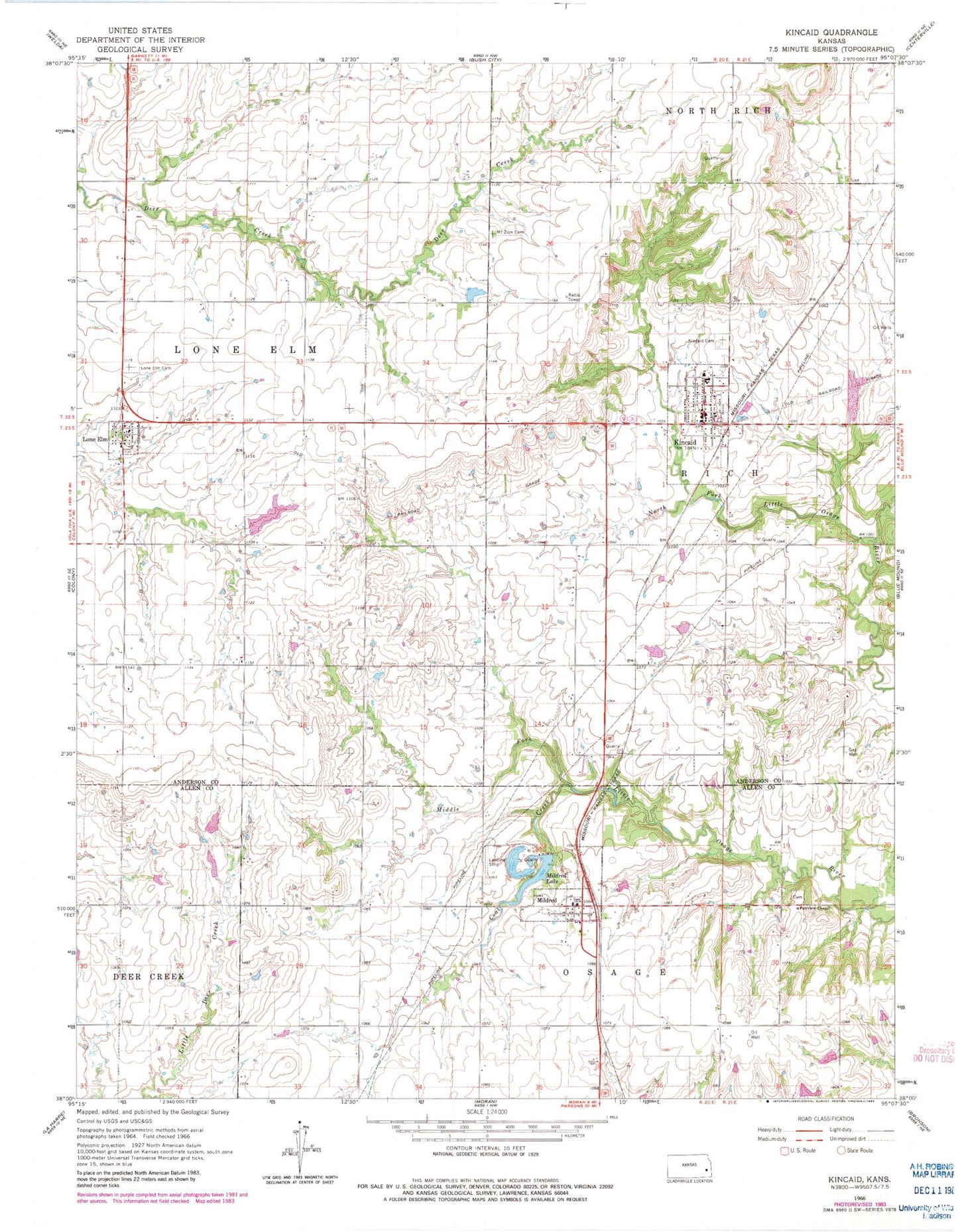 Classic USGS Kincaid Kansas 7.5'x7.5' Topo Map Image