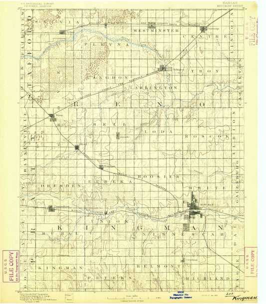 Historic 1892 Kingman Kansas 30'x30' Topo Map Image