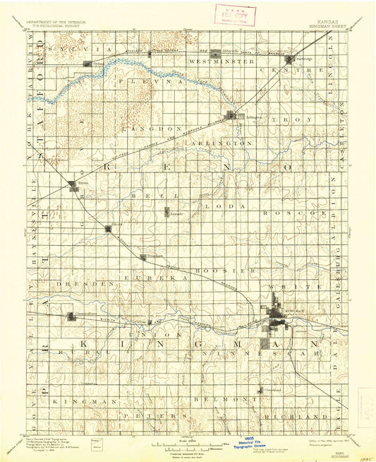 Historic 1894 Kingman Kansas 30'x30' Topo Map Image