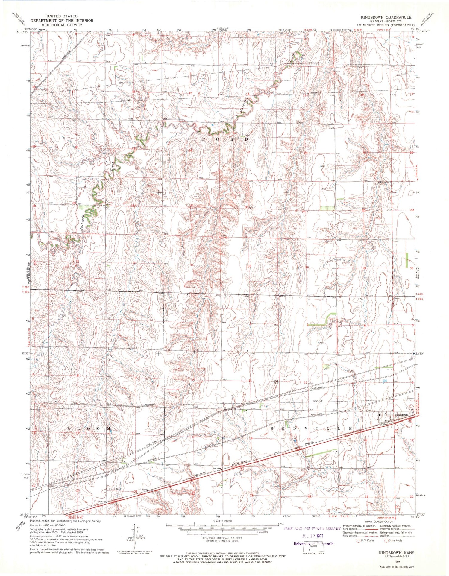Classic USGS Kingsdown Kansas 7.5'x7.5' Topo Map Image