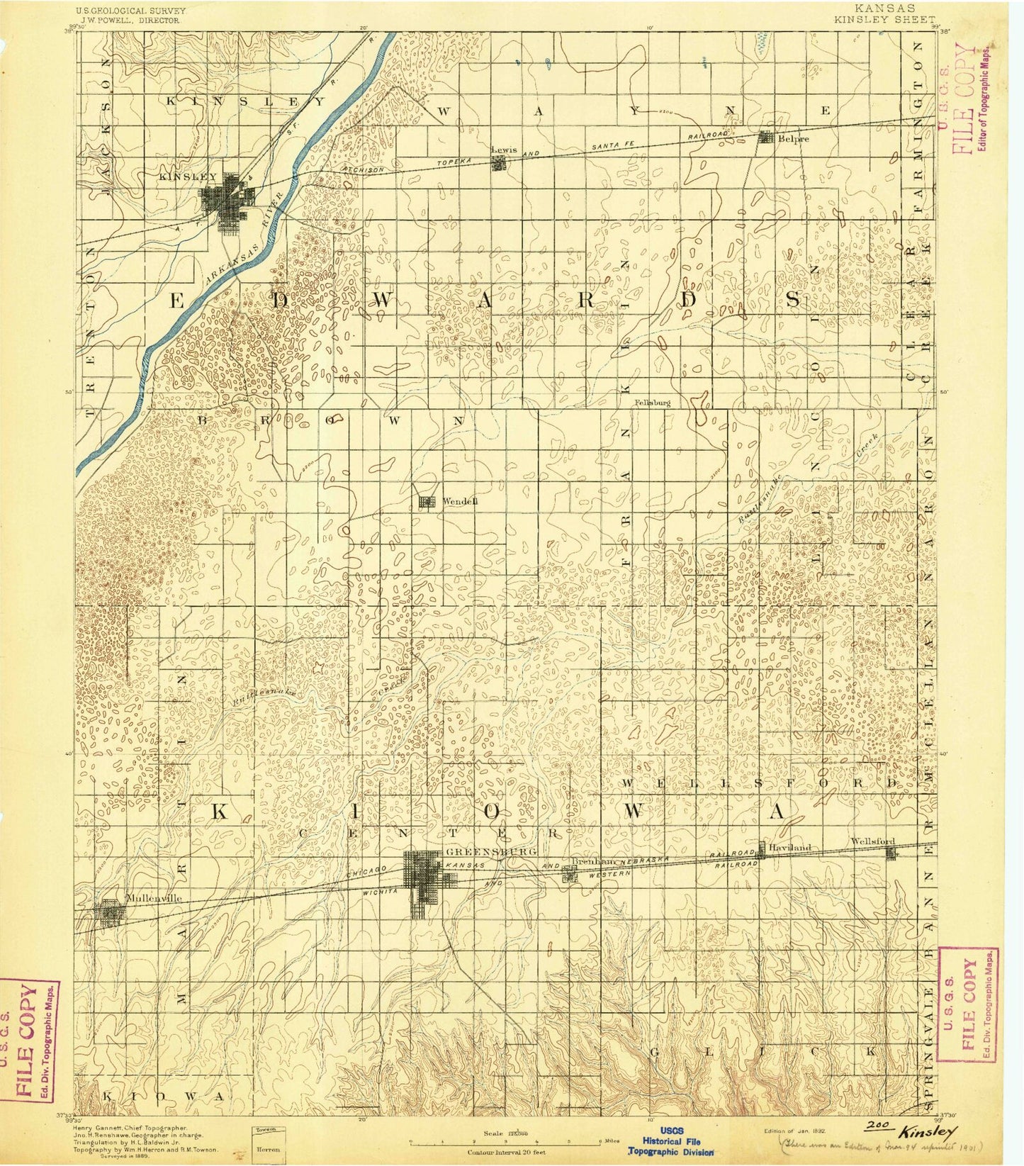 Historic 1892 Kinsley Kansas 30'x30' Topo Map Image