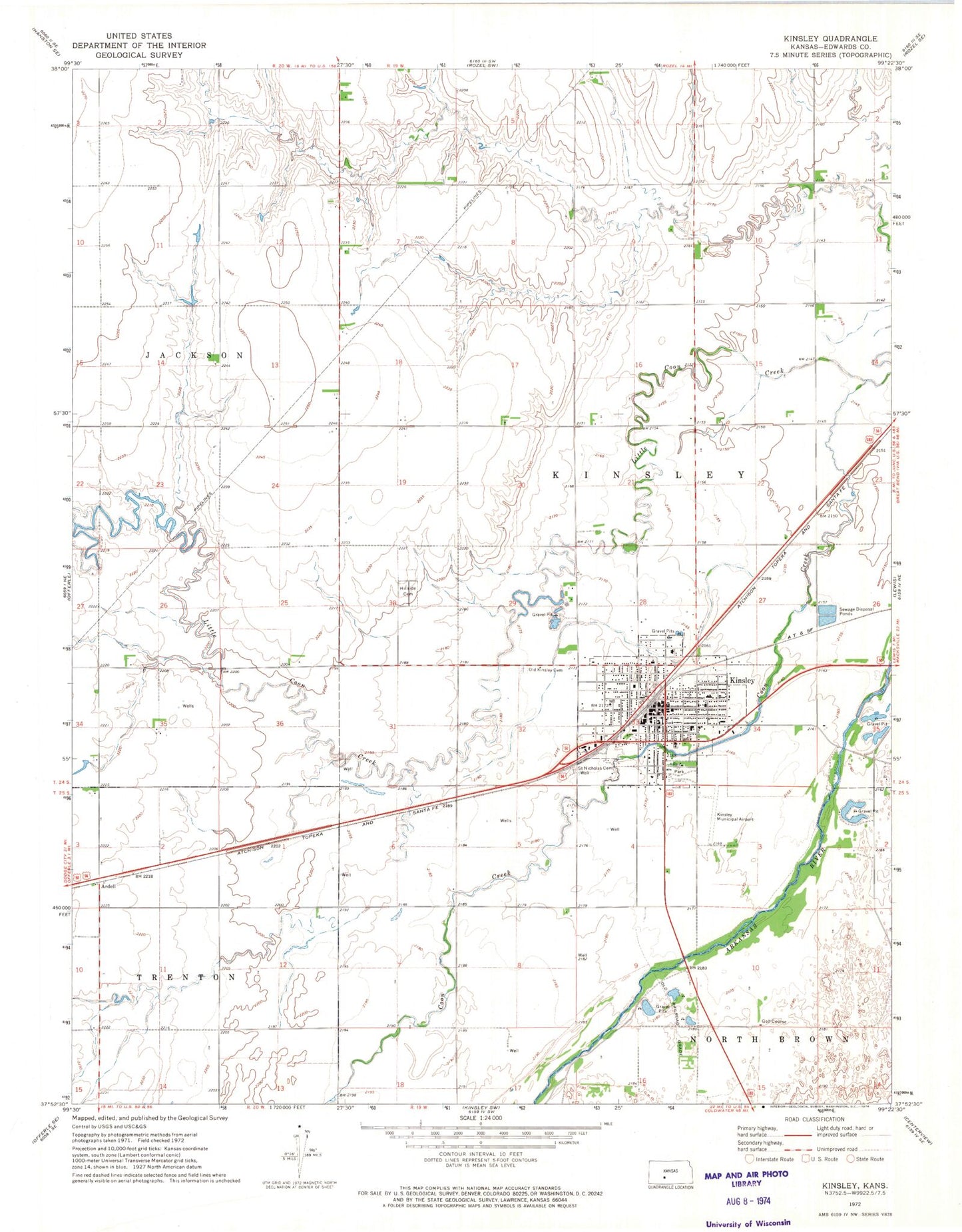 Classic USGS Kinsley Kansas 7.5'x7.5' Topo Map Image