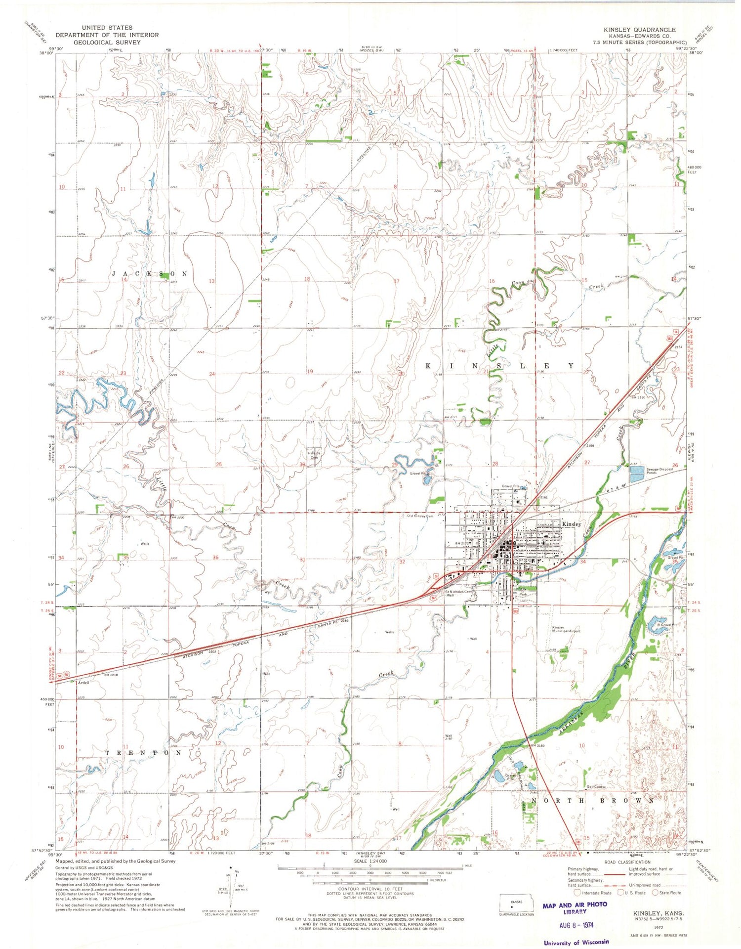 Classic USGS Kinsley Kansas 7.5'x7.5' Topo Map Image