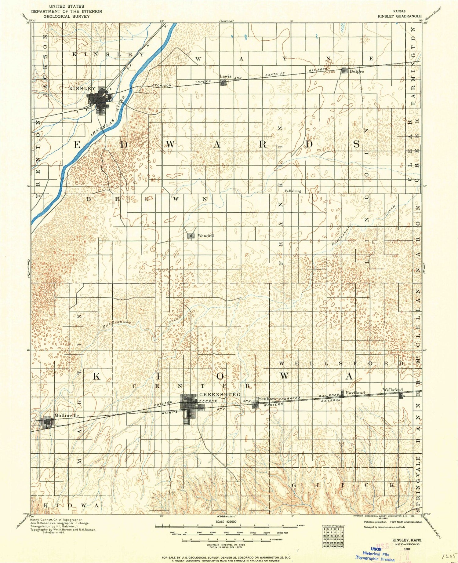 Historic 1889 Kinsley Kansas 30'x30' Topo Map Image