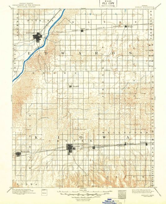 Historic 1894 Kinsley Kansas 30'x30' Topo Map Image
