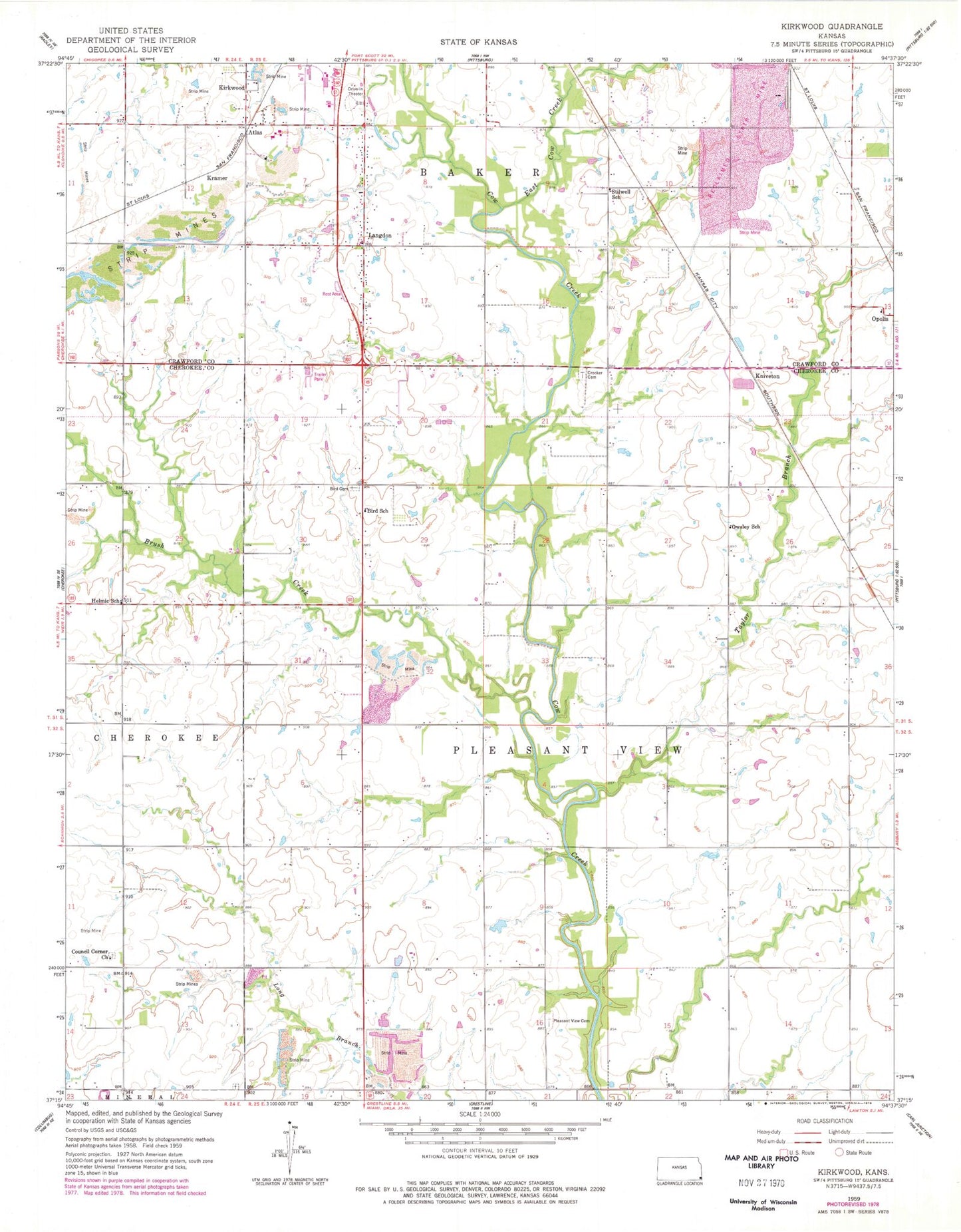 Classic USGS Kirkwood Kansas 7.5'x7.5' Topo Map Image