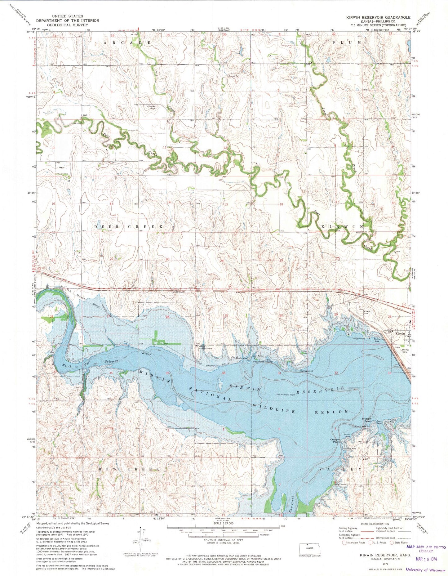 Classic USGS Kirwin Reservoir Kansas 7.5'x7.5' Topo Map Image