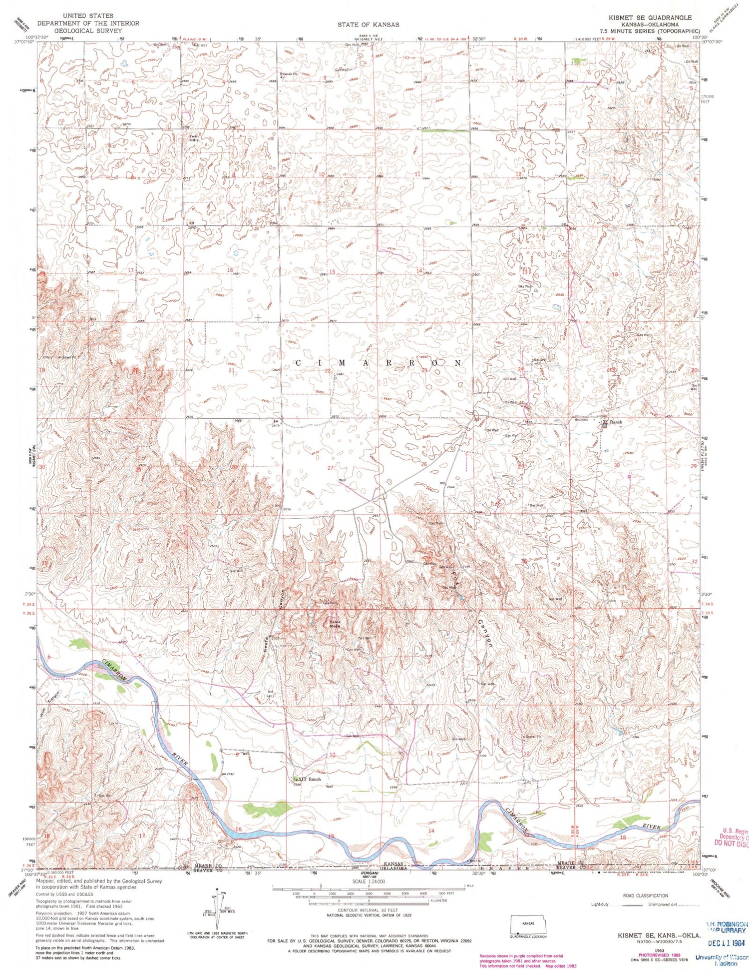 Classic USGS Kismet SE Kansas 7.5'x7.5' Topo Map Image