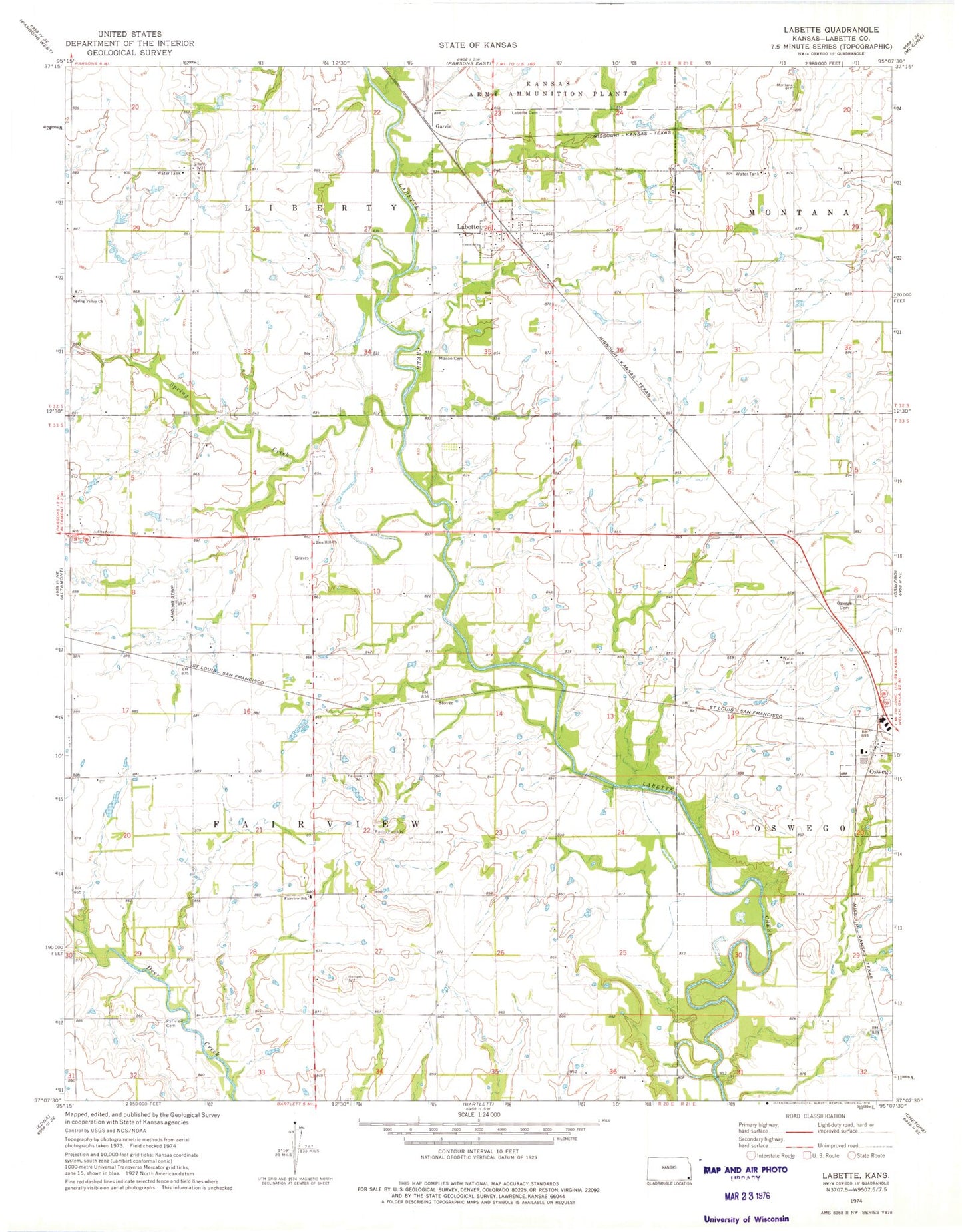Classic USGS Labette Kansas 7.5'x7.5' Topo Map Image