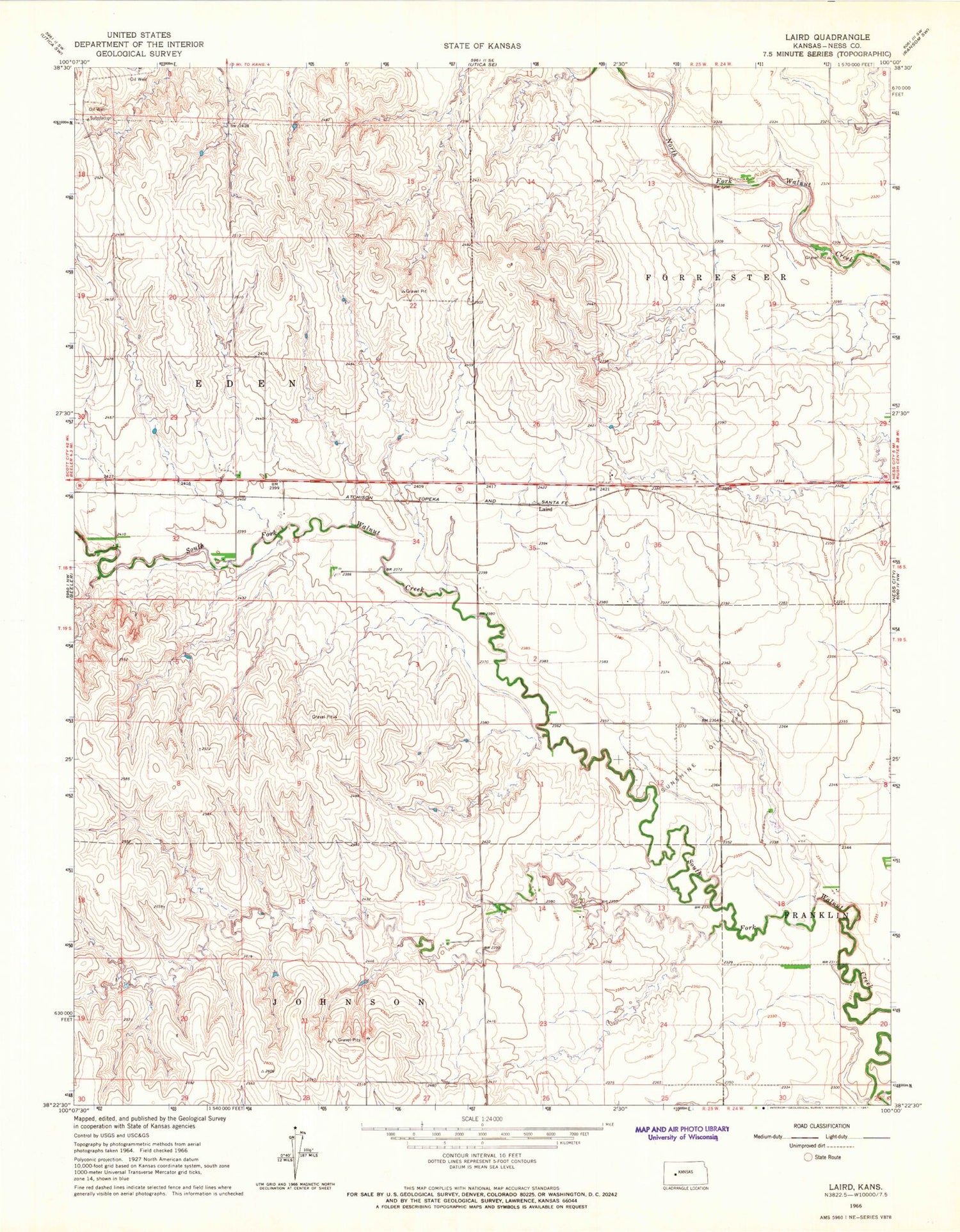 Classic USGS Laird Kansas 7.5'x7.5' Topo Map Image