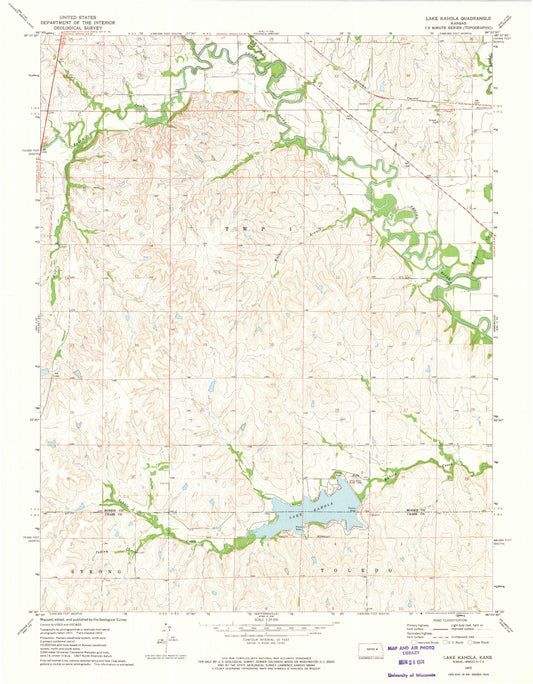 Classic USGS Lake Kahola Kansas 7.5'x7.5' Topo Map Image